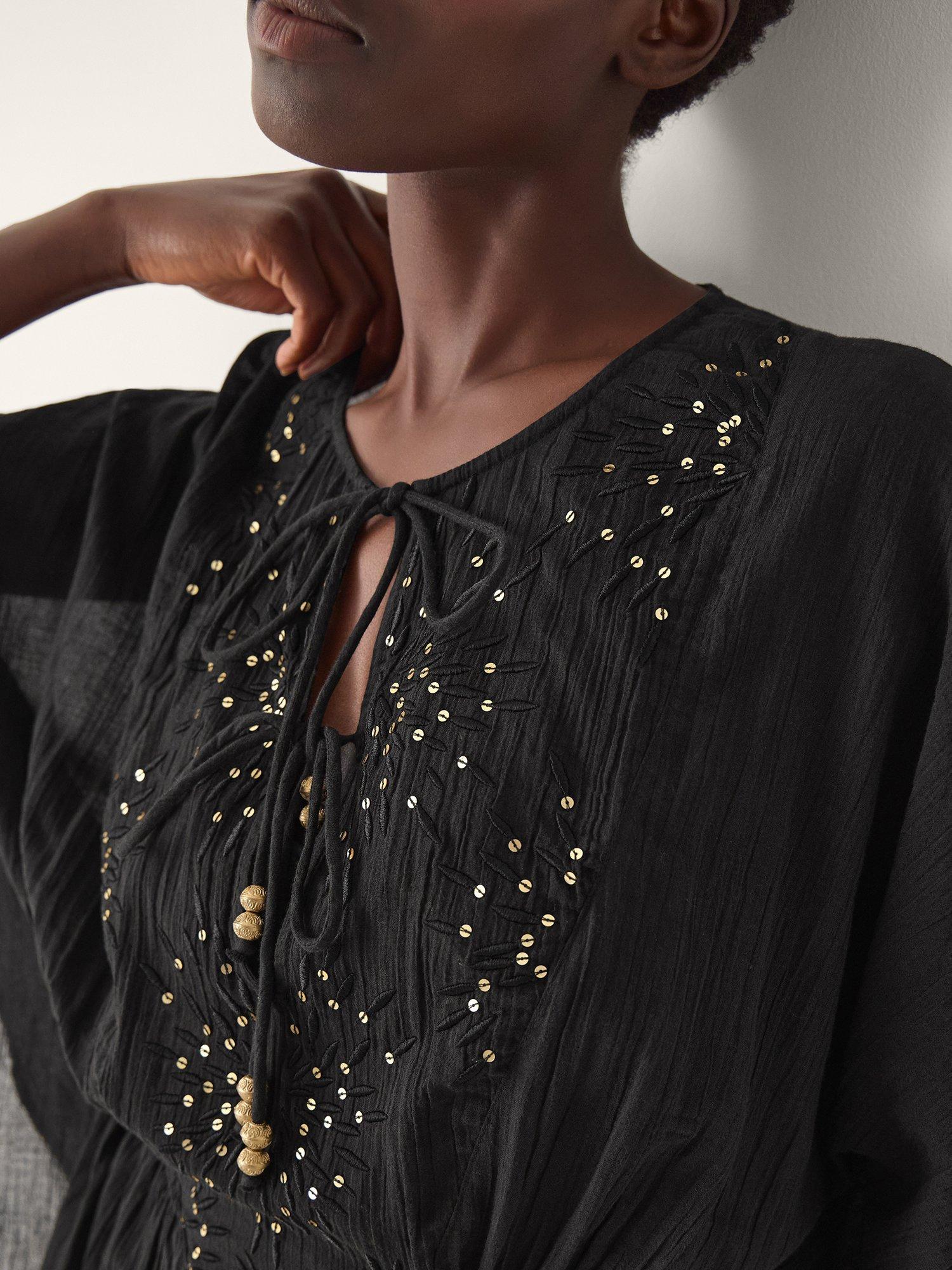 Product image 4 of 5, which shows Monsoon Jada Embellished Mini Kaftan, Black, S