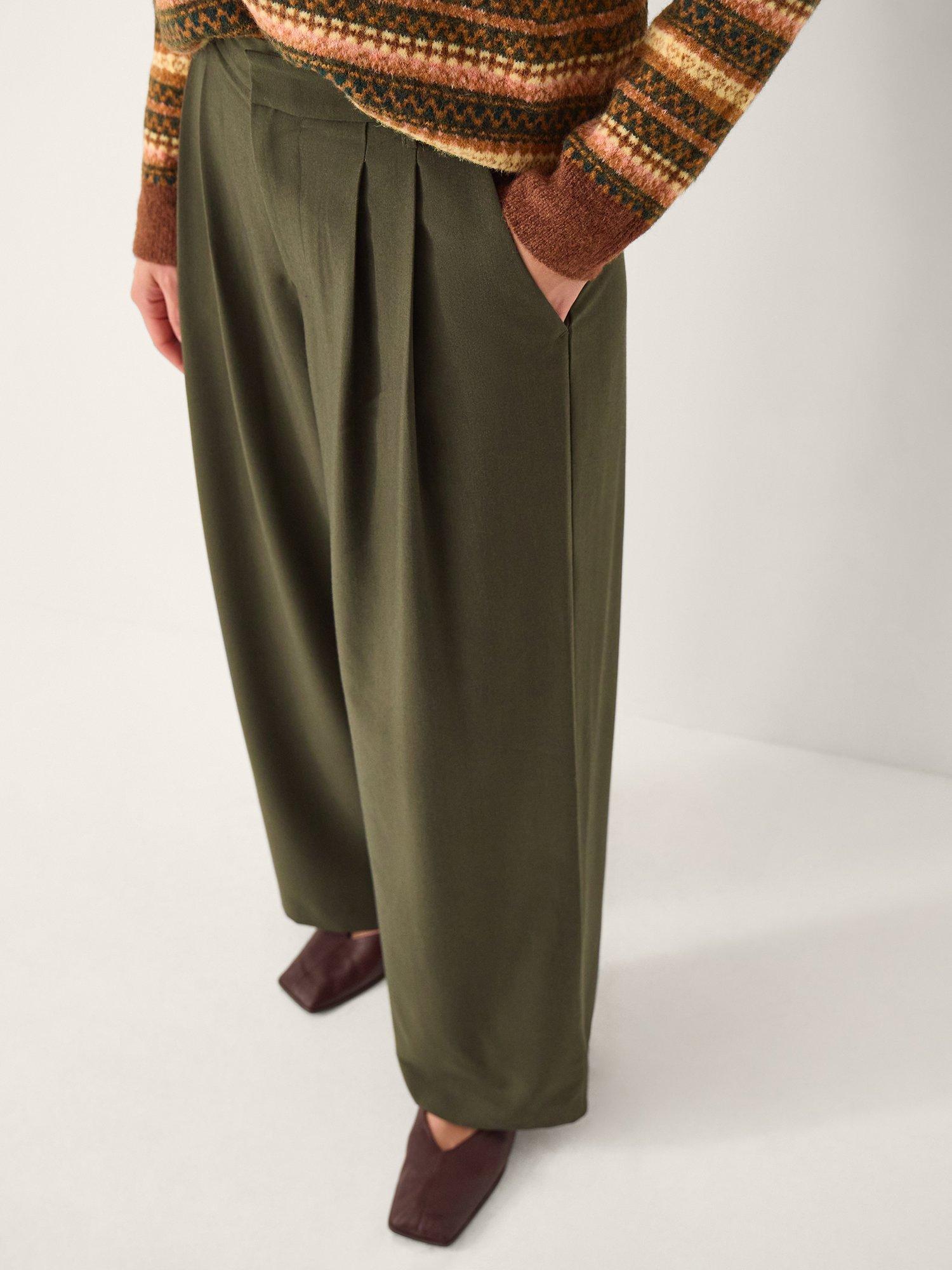 Product image 1 of 4, which shows Monsoon Esther Pleated Trousers, Khaki, 8