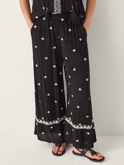 Monsoon Samara Embroidered Wide Leg Trousers, Black, Black