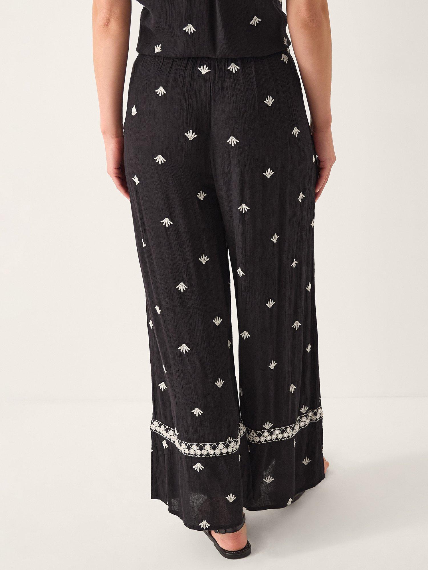 Product image 2 of 4, which shows Monsoon Samara Embroidered Wide Leg Trousers, Black, S