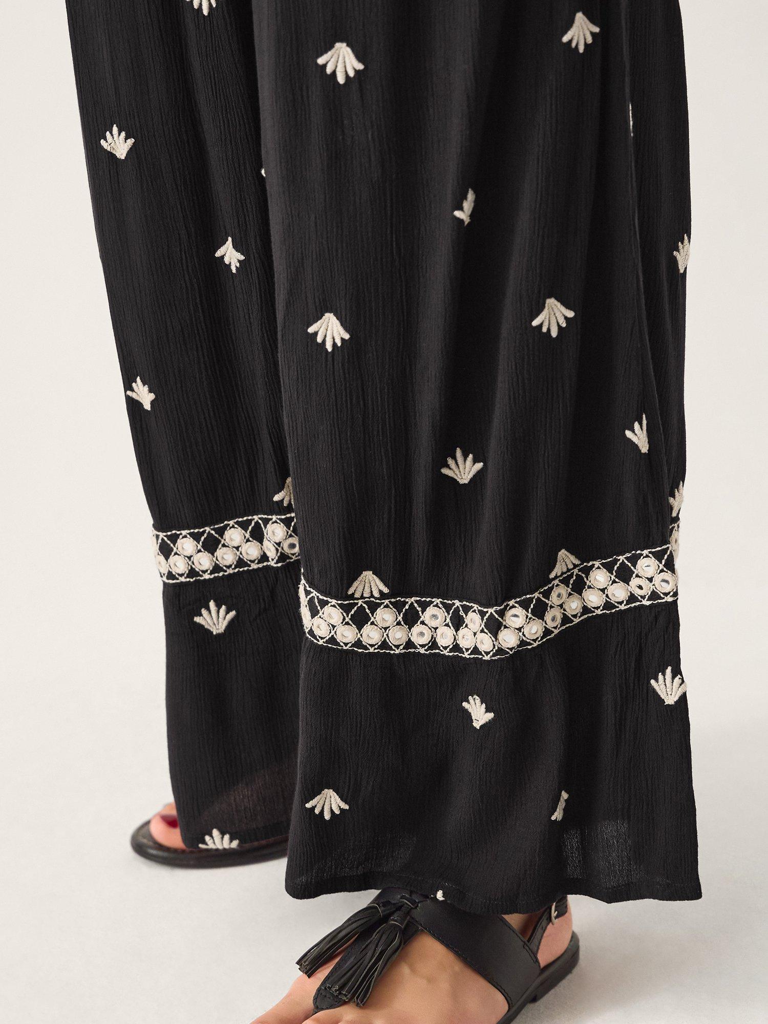 Product image 4 of 4, which shows Monsoon Samara Embroidered Wide Leg Trousers, Black, S