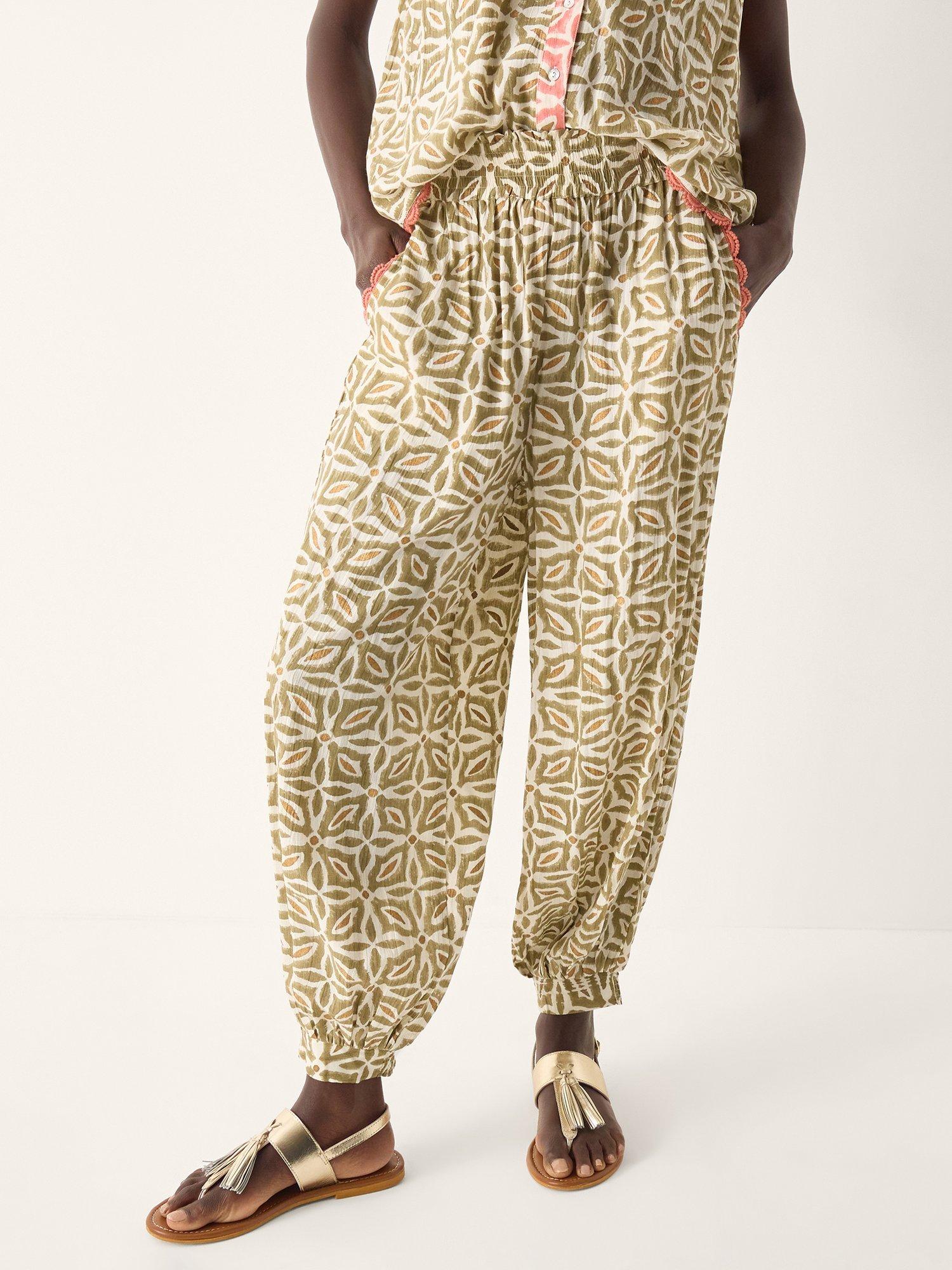 Product image 1 of 5, which shows Monsoon Elma Floral Harem Trousers, Khaki, S