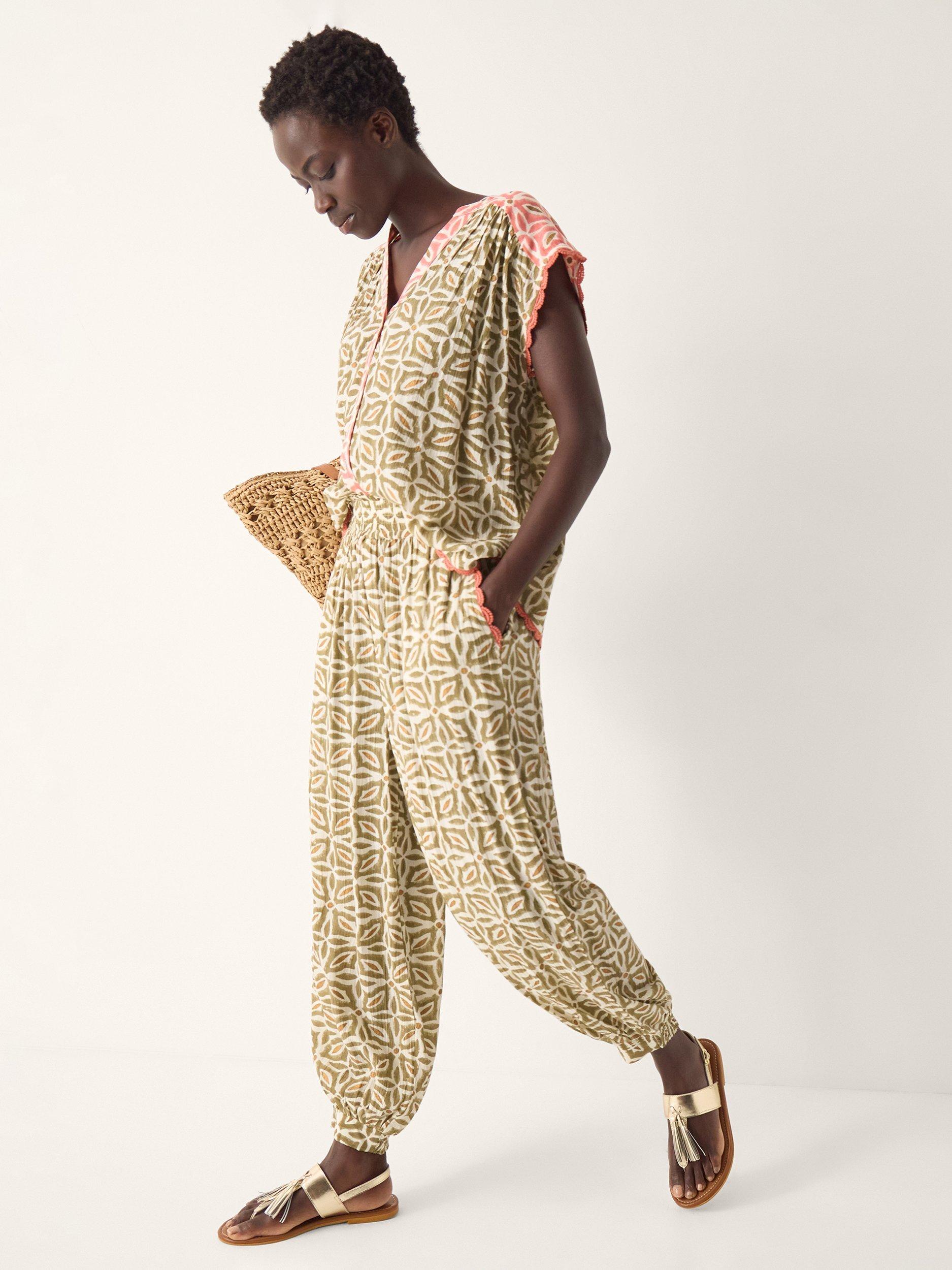 Product image 4 of 5, which shows Monsoon Elma Floral Harem Trousers, Khaki, S