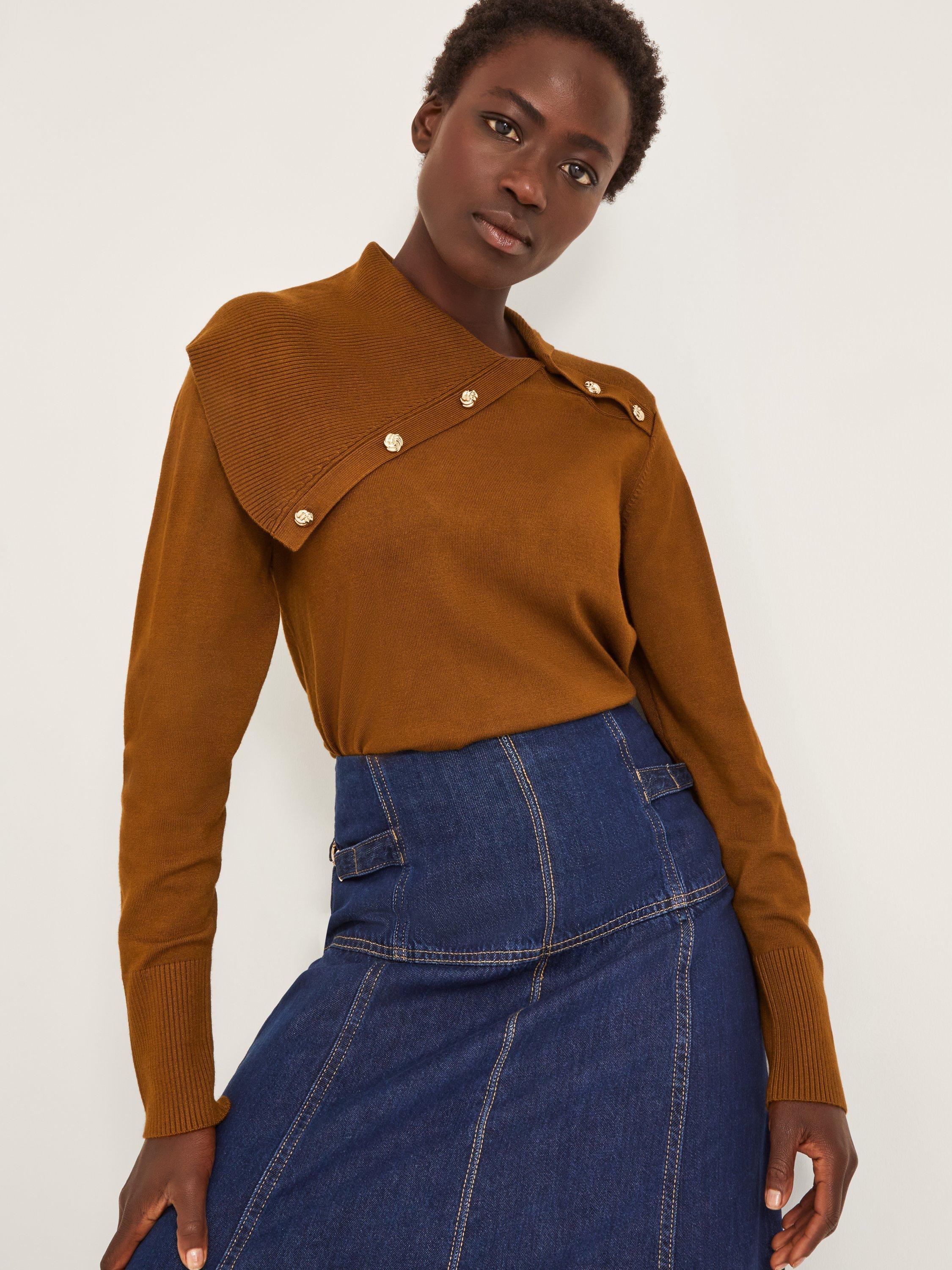 Product image 1 of 5, which shows Monsoon Kay Asymmetric Collar Jumper containing LENZING™ ECOVERO™ Viscose, Rust, S