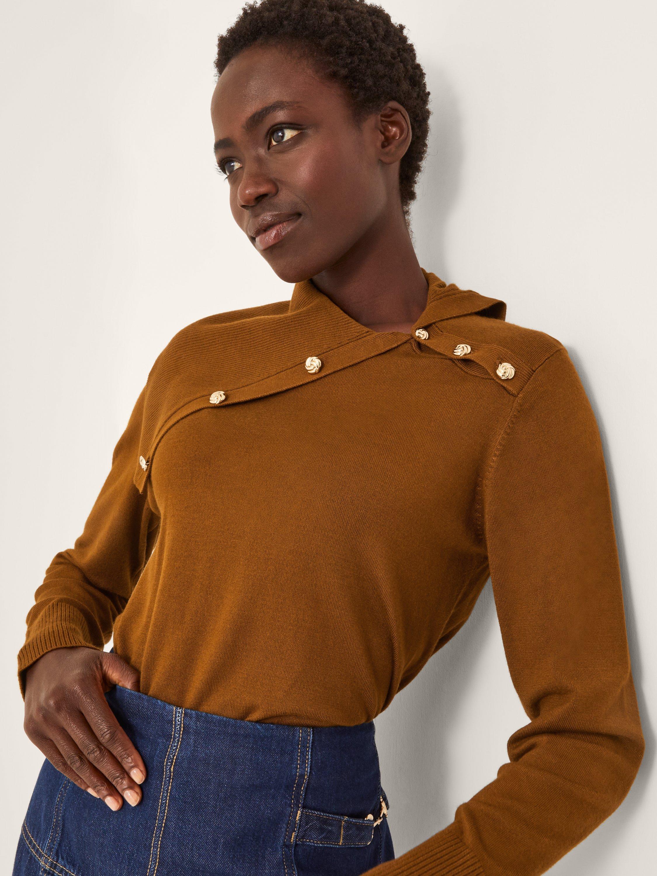 Product image 3 of 5, which shows Monsoon Kay Asymmetric Collar Jumper containing LENZING™ ECOVERO™ Viscose, Rust, S