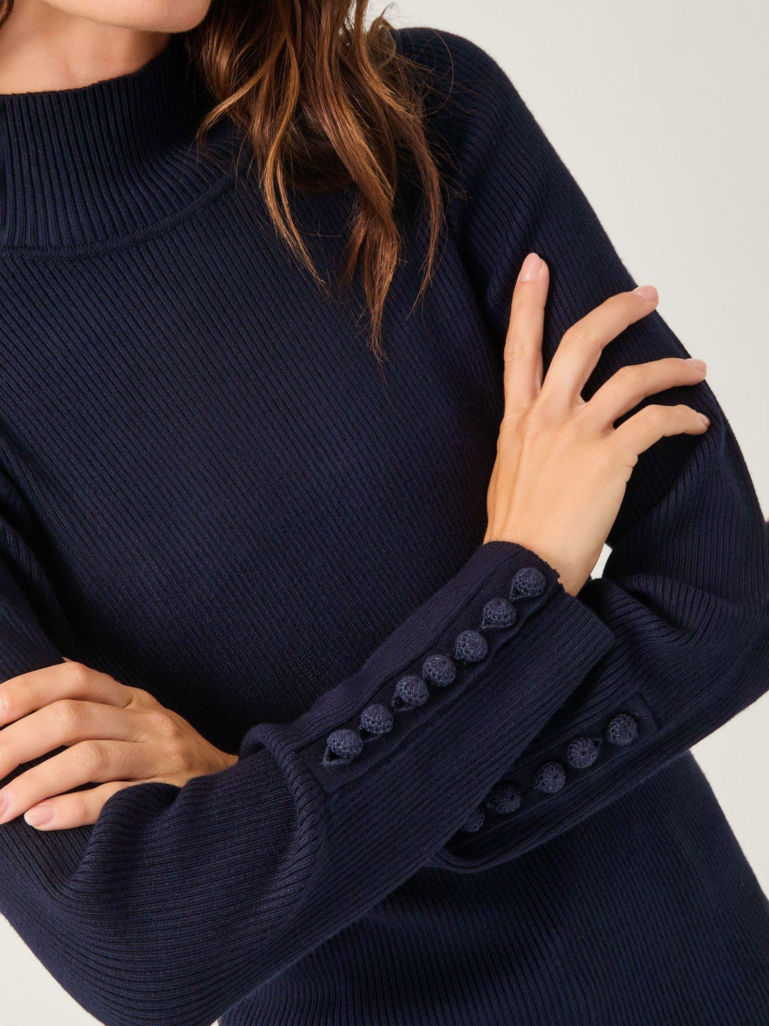 Product image 3 of 5, which shows Monsoon Ruby Ribbed Polo Neck Jumper, Navy, S