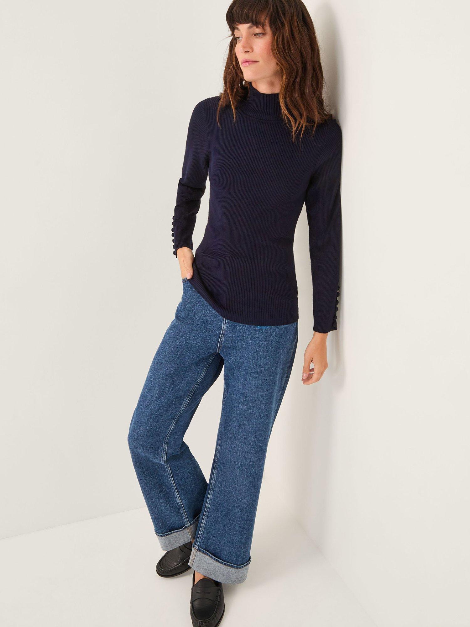 Product image 4 of 5, which shows Monsoon Ruby Ribbed Polo Neck Jumper, Navy, S