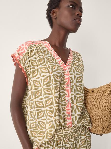 Monsoon Elma Floral Sleeveless Top containing LENZING™ ECOVERO™ Viscose, Khaki, Khaki