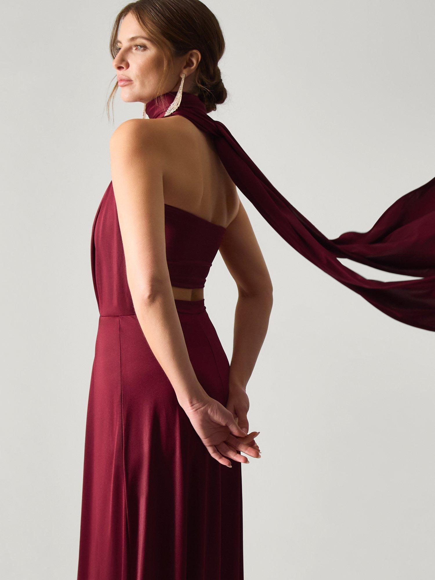 long sleeve burgundy dresses for women ZAPAKASA Women A Line Plus Size Burgundy Chiffon Mother of the Bride Dress  with Sleeves Boat Neck Appliqued Long Wedding Guest Dress main image 0