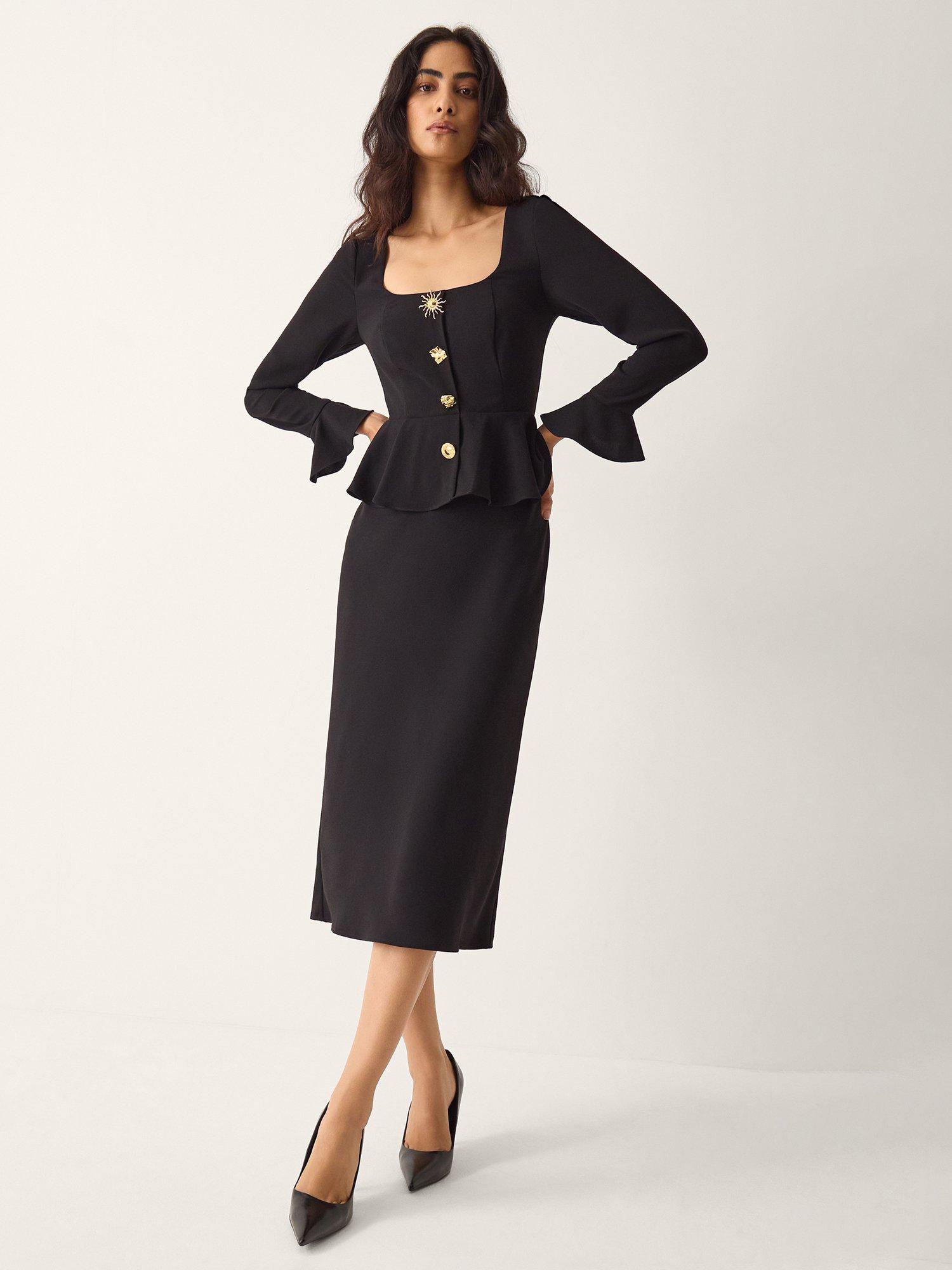 Product image 1 of 5, which shows Monsoon Willow Peplum Waist Midi Dress, Black, 8