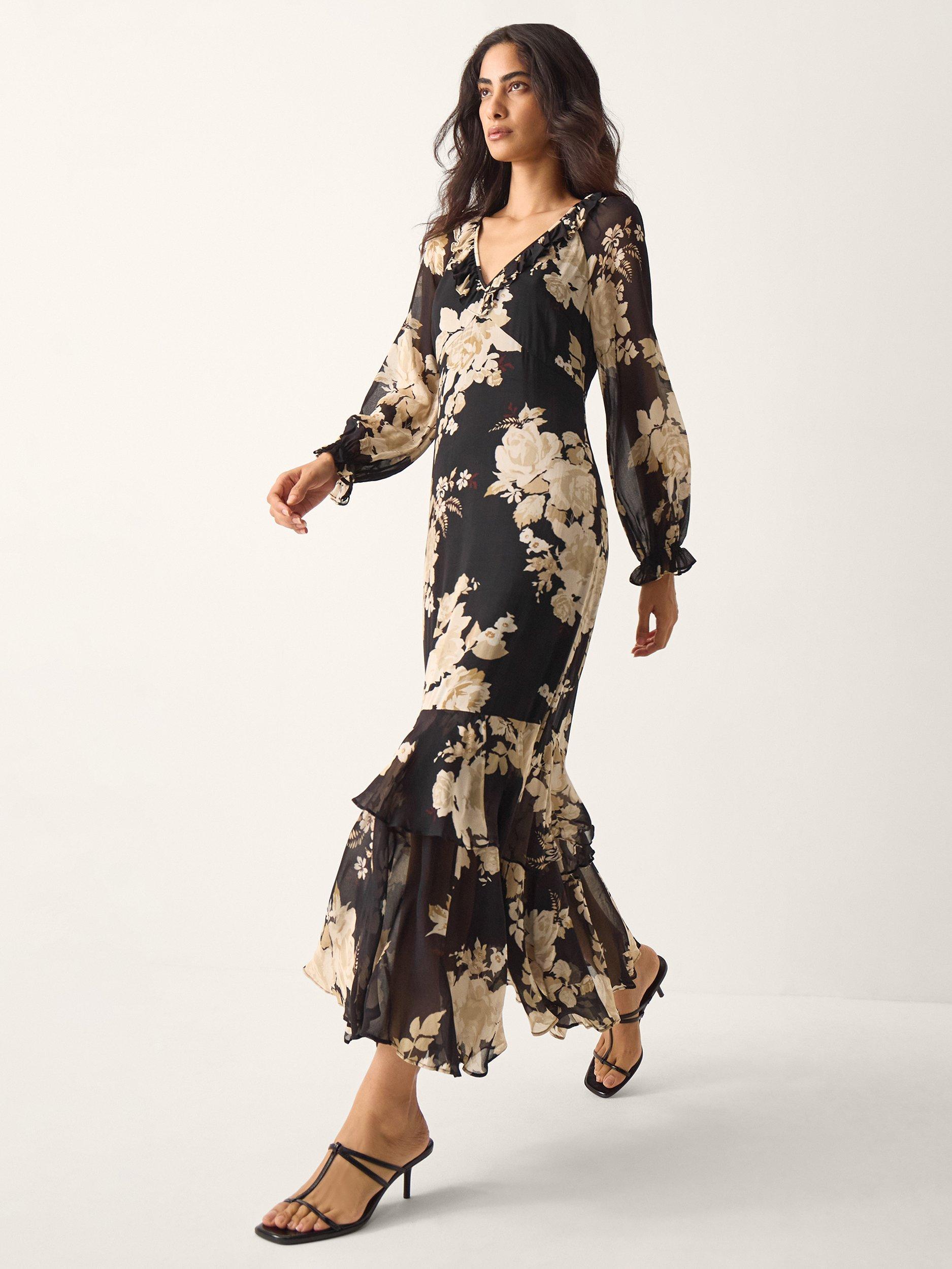 Product image 1 of 5, which shows Monsoon Rowena Floral Ruffle Maxi Dress, Black, 8