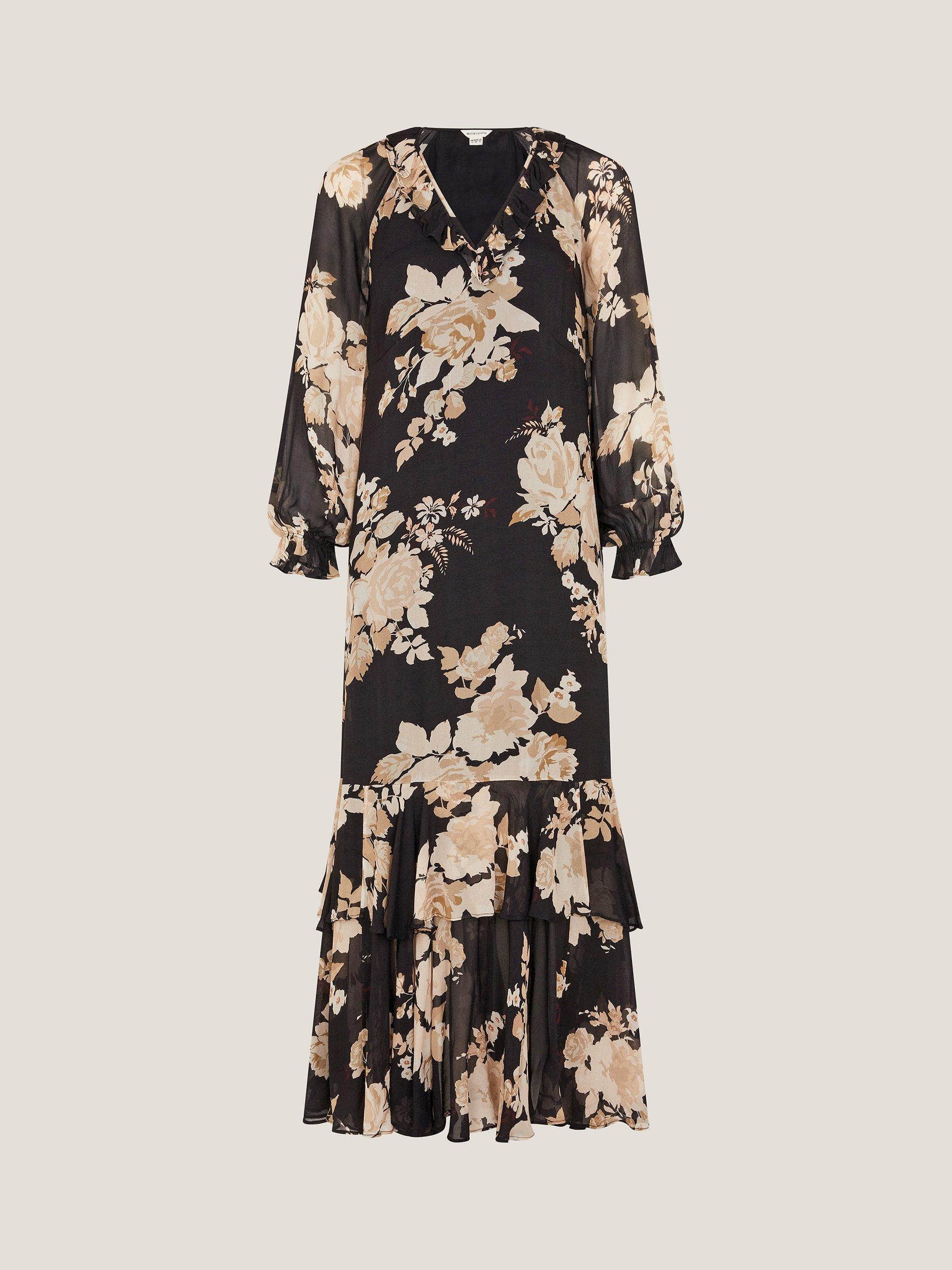 Product image 5 of 5, which shows Monsoon Rowena Floral Ruffle Maxi Dress, Black, 8