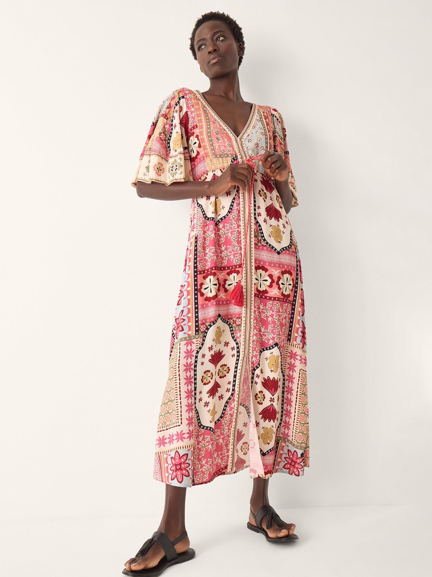 Product image 1 of 5, which shows Monsoon Patti Tile Print Maxi Dress, Dark Pink, S