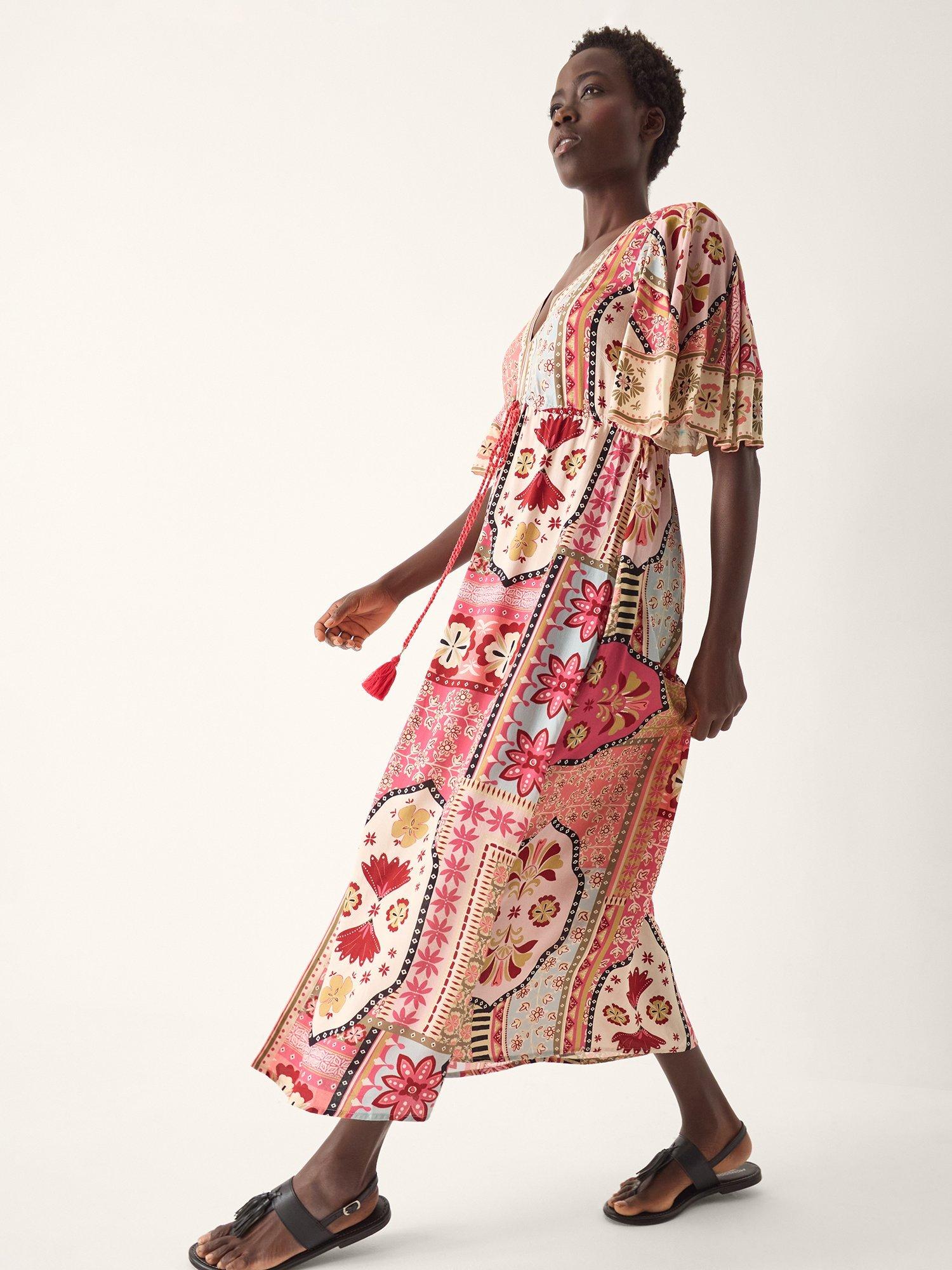 Product image 3 of 5, which shows Monsoon Patti Tile Print Maxi Dress, Dark Pink, S