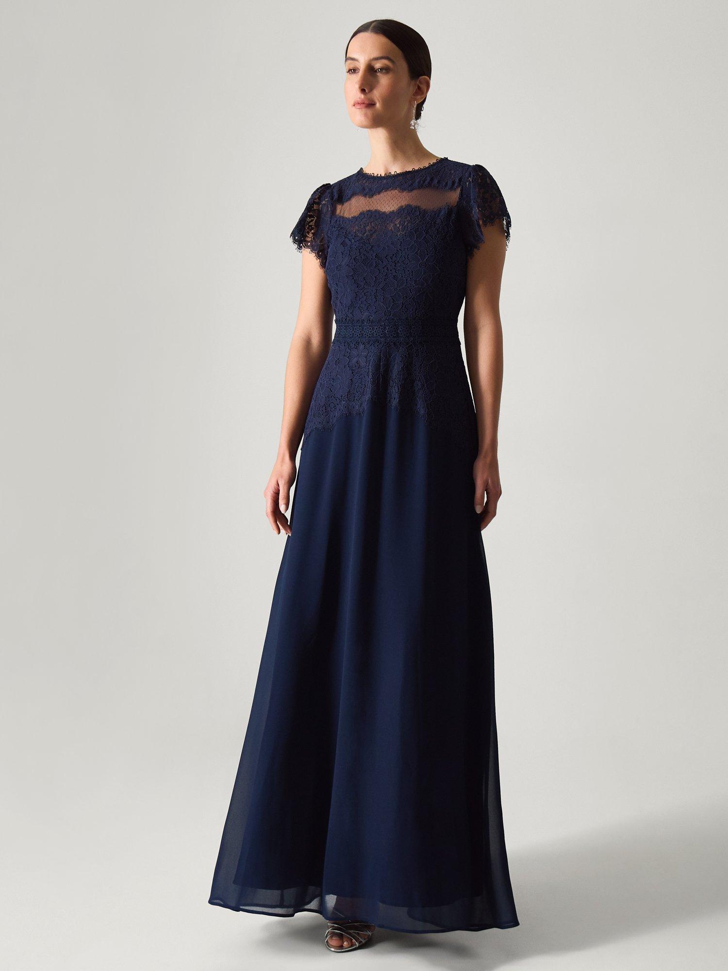 Product image 1 of 5, which shows Monsoon Monike Lace Bridesmaid Dress, Navy, 6