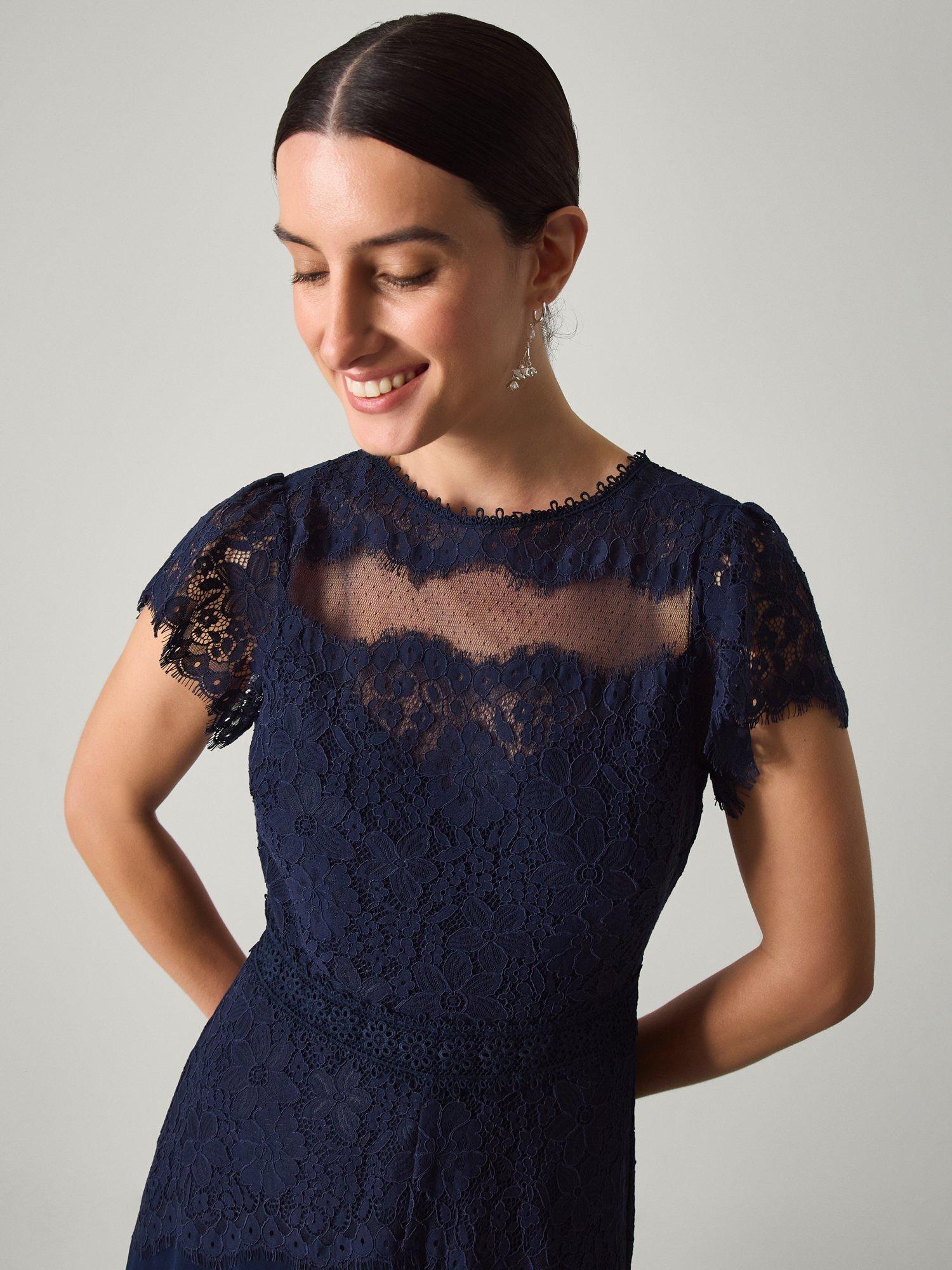 Product image 4 of 5, which shows Monsoon Monike Lace Bridesmaid Dress, Navy, 6