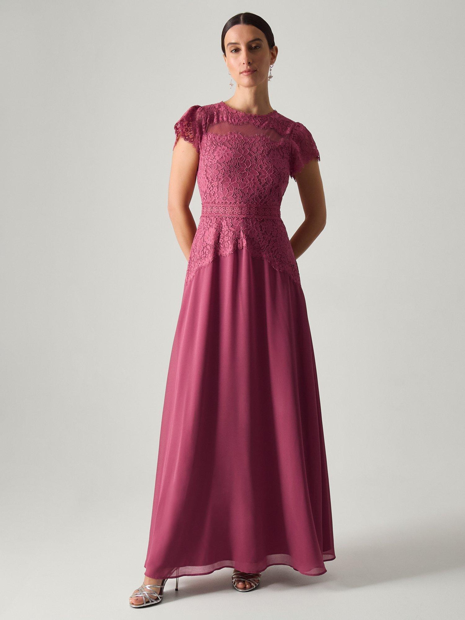 Product image 1 of 5, which shows Monsoon Monike Lace Bridesmaid Dress, Dark Pink, 6