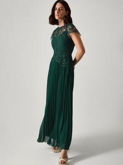 Monsoon Monica Lace Pleated Bridesmaid Dress, Dark Green