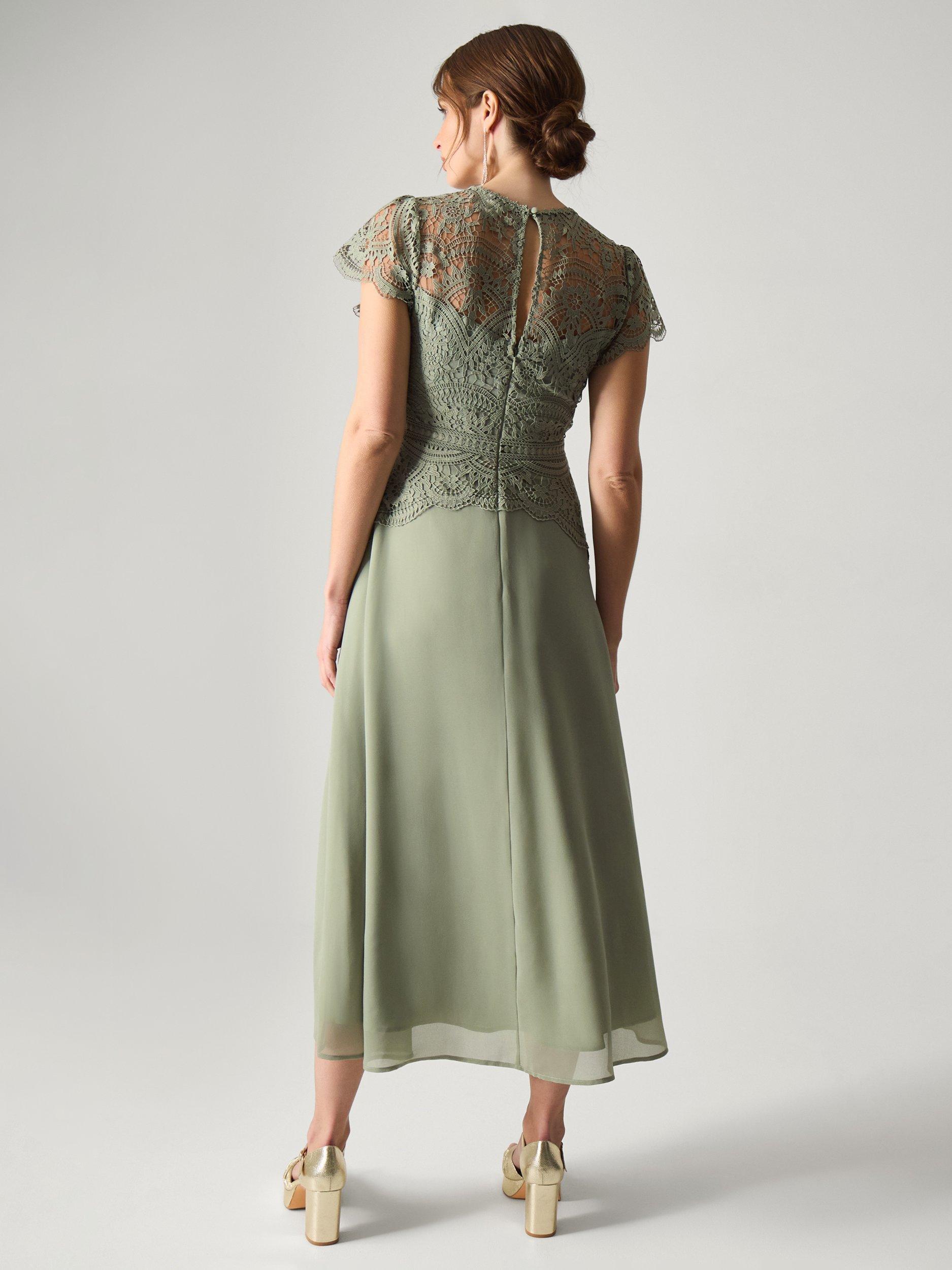 Product image 2 of 5, which shows Monsoon Monica Lace Bridesmaid Dress, Pale Green, 6