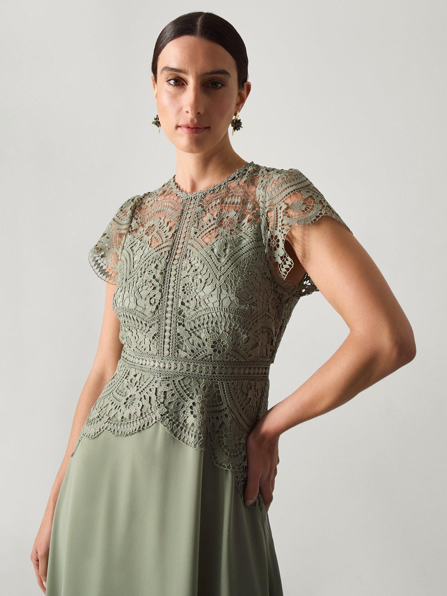 Product image 3 of 5, which shows Monsoon Monica Lace Bridesmaid Dress, Pale Green, 6