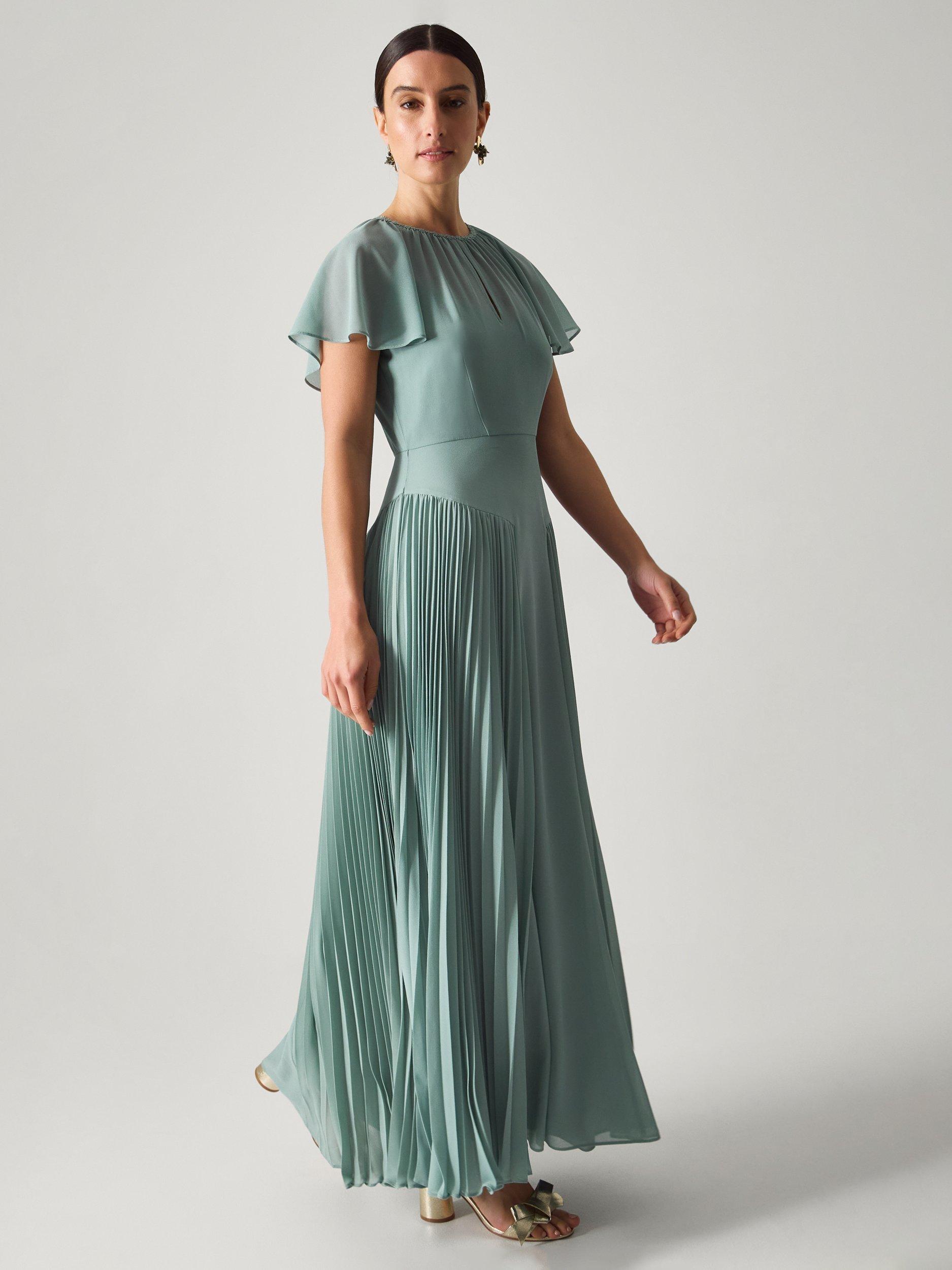 Product image 1 of 5, which shows Monsoon Madison Pleated Panel Bridesmaid Dress, Sage, 6