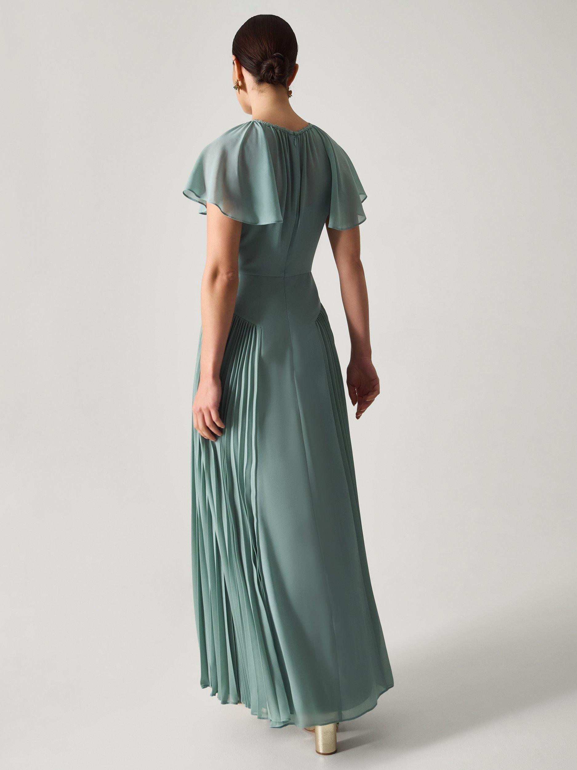Product image 2 of 5, which shows Monsoon Madison Pleated Panel Bridesmaid Dress, Sage, 6