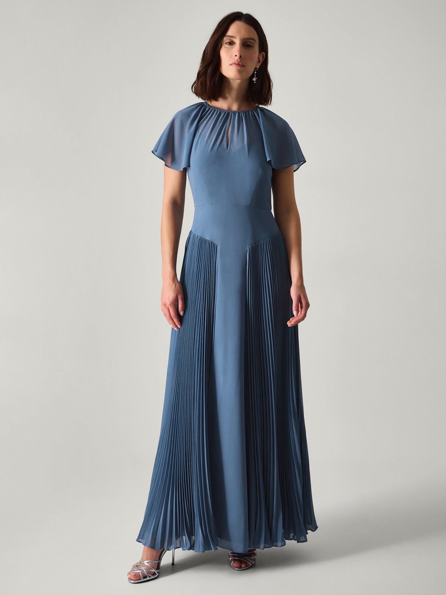 Product image 1 of 5, which shows Monsoon Madison Pleated Panel Bridesmaid Dress, Petrol, 6