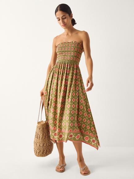 Monsoon Maddie Floral Print Bandeau Midi Dress, Khaki/Multi, Khaki/Multi