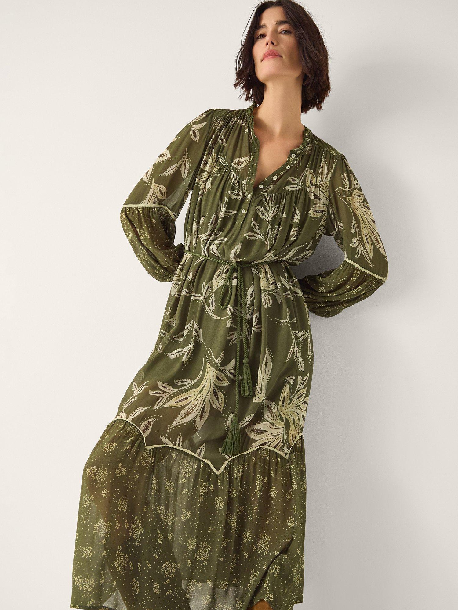 Product image 1 of 5, which shows Monsoon Leona Boho Midi Dress, Khaki, S