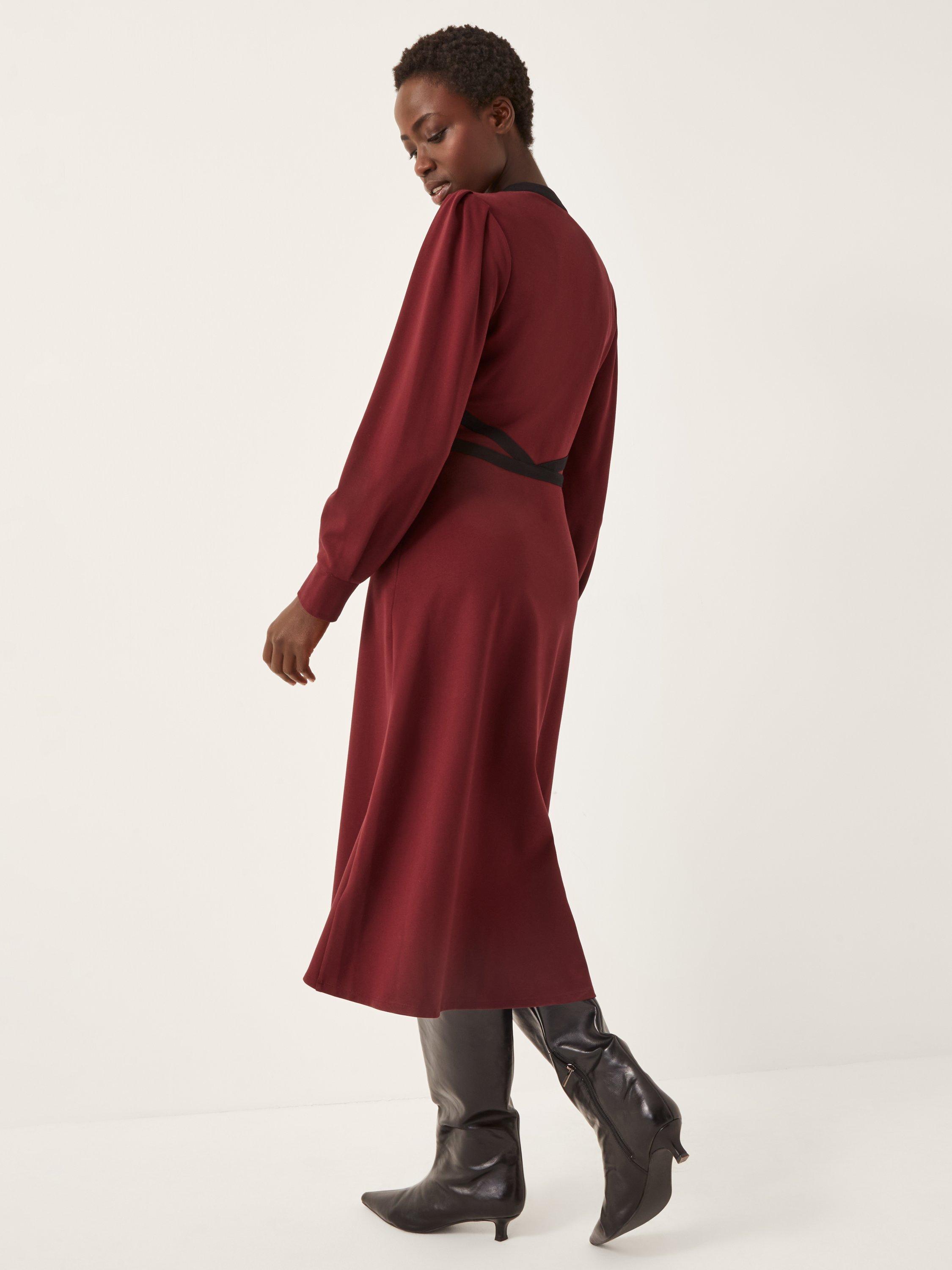 Product image 2 of 5, which shows Monsoon Julia Jersey Midi Dress, Burgundy, 8