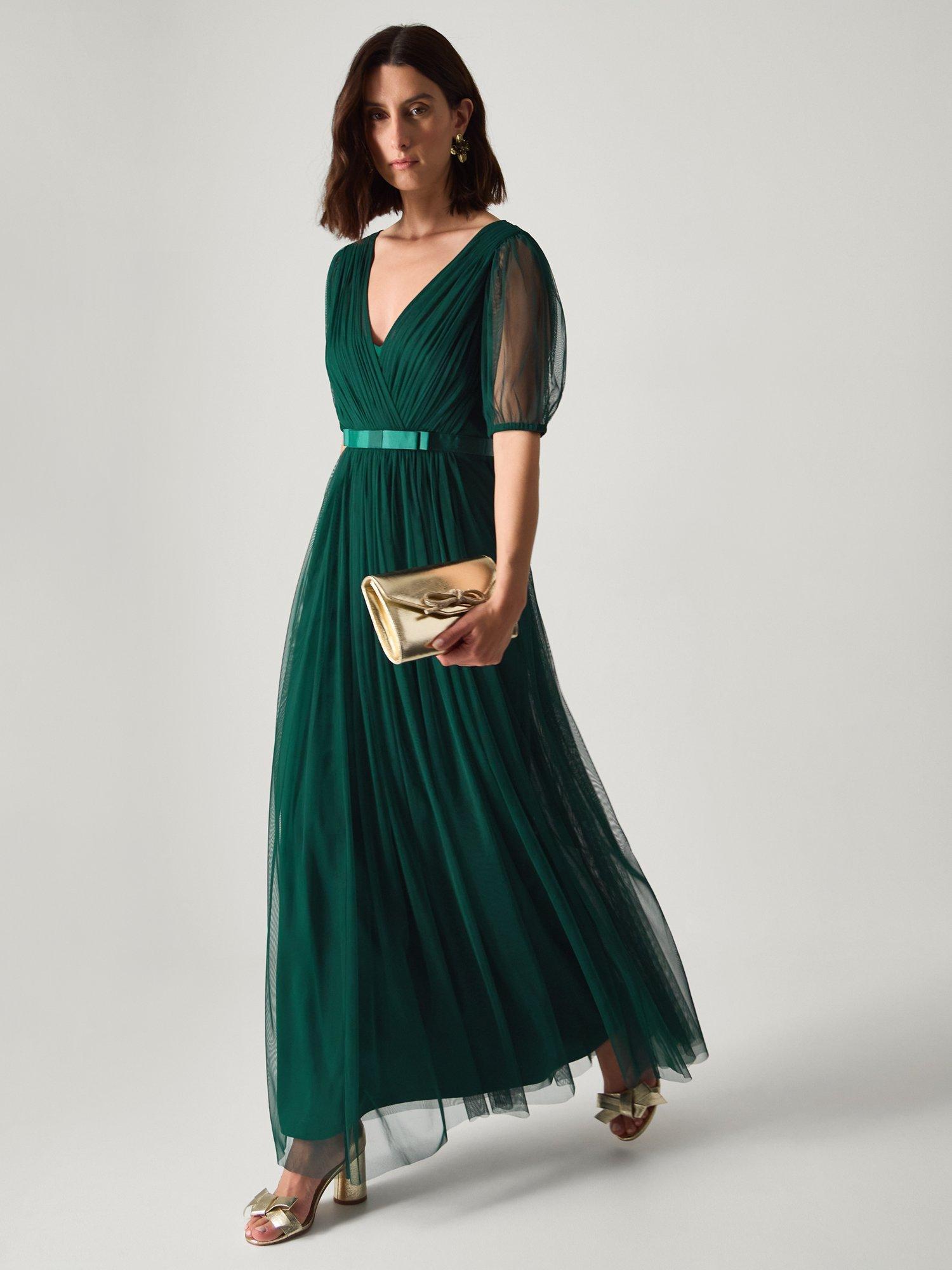 Product image 1 of 5, which shows Monsoon Ellie Tulle Maxi Dress, Dark Green, 6