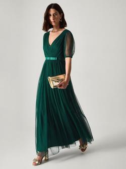 Monsoon Ellie Tulle Maxi Dress, Dark Green