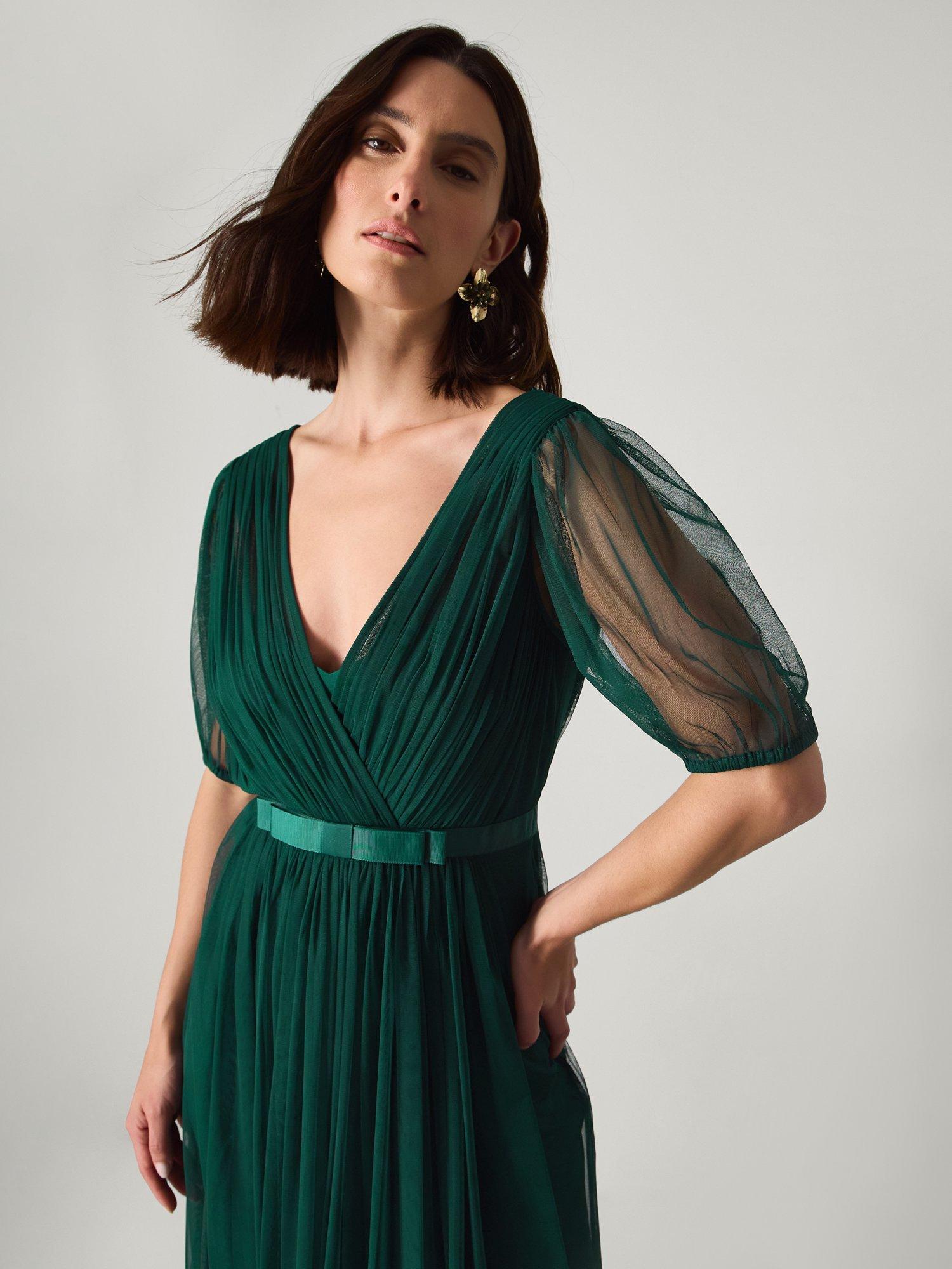 Product image 3 of 5, which shows Monsoon Ellie Tulle Maxi Dress, Dark Green, 6