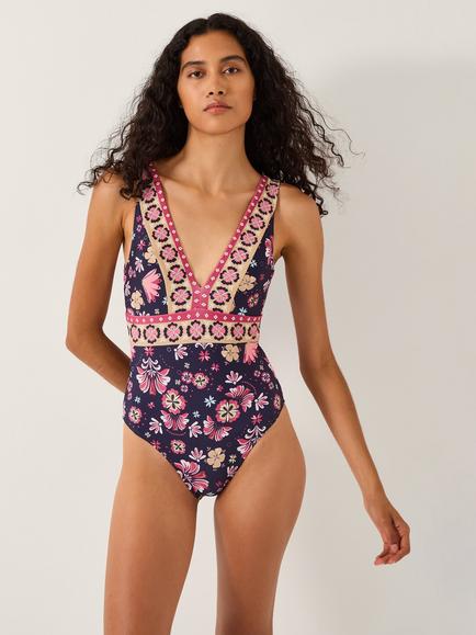 Monsoon Abbie Floral Swimsuit, Navy, Navy