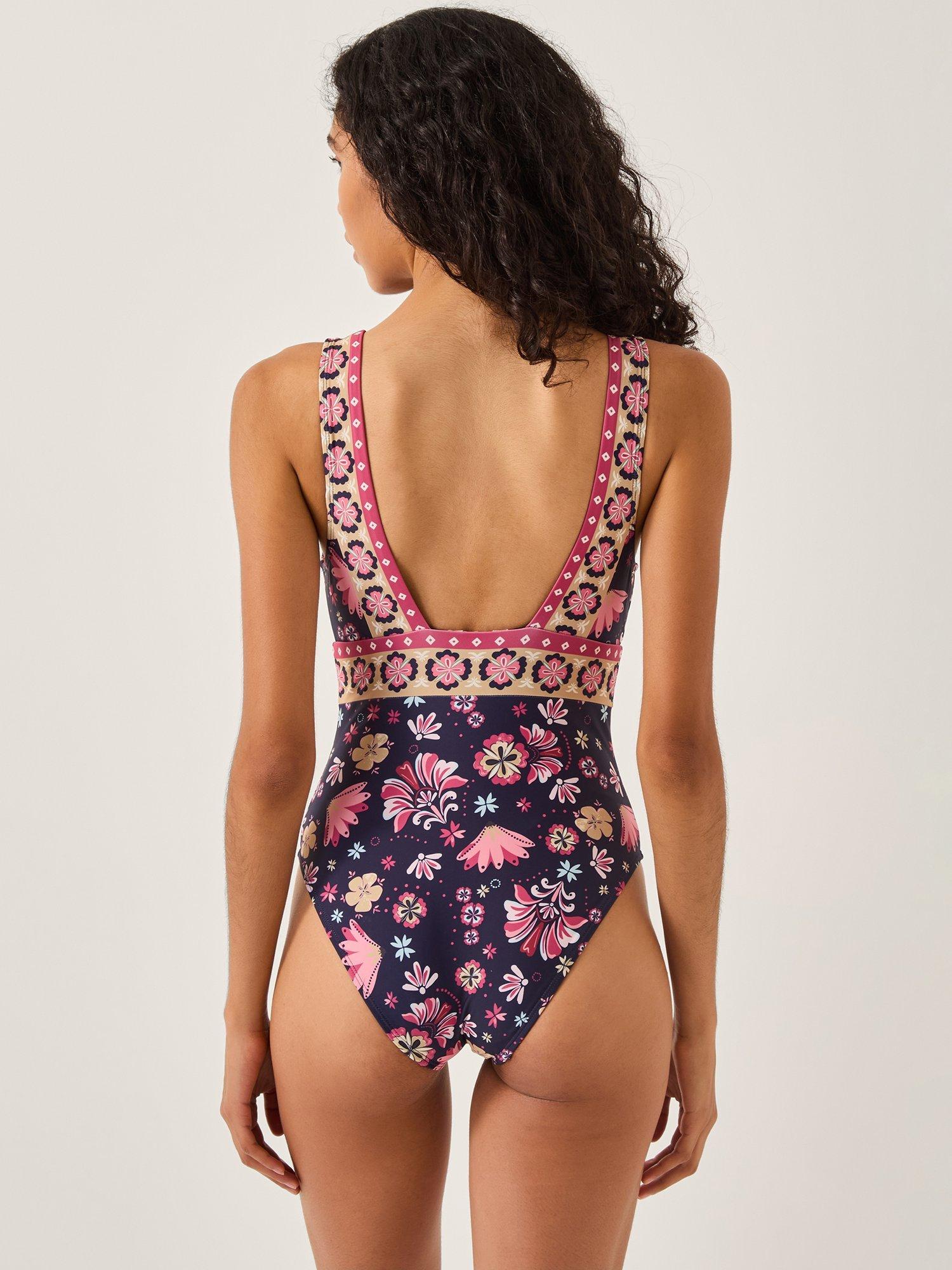 Product image 2 of 5, which shows Monsoon Abbie Floral Swimsuit, Navy, 8