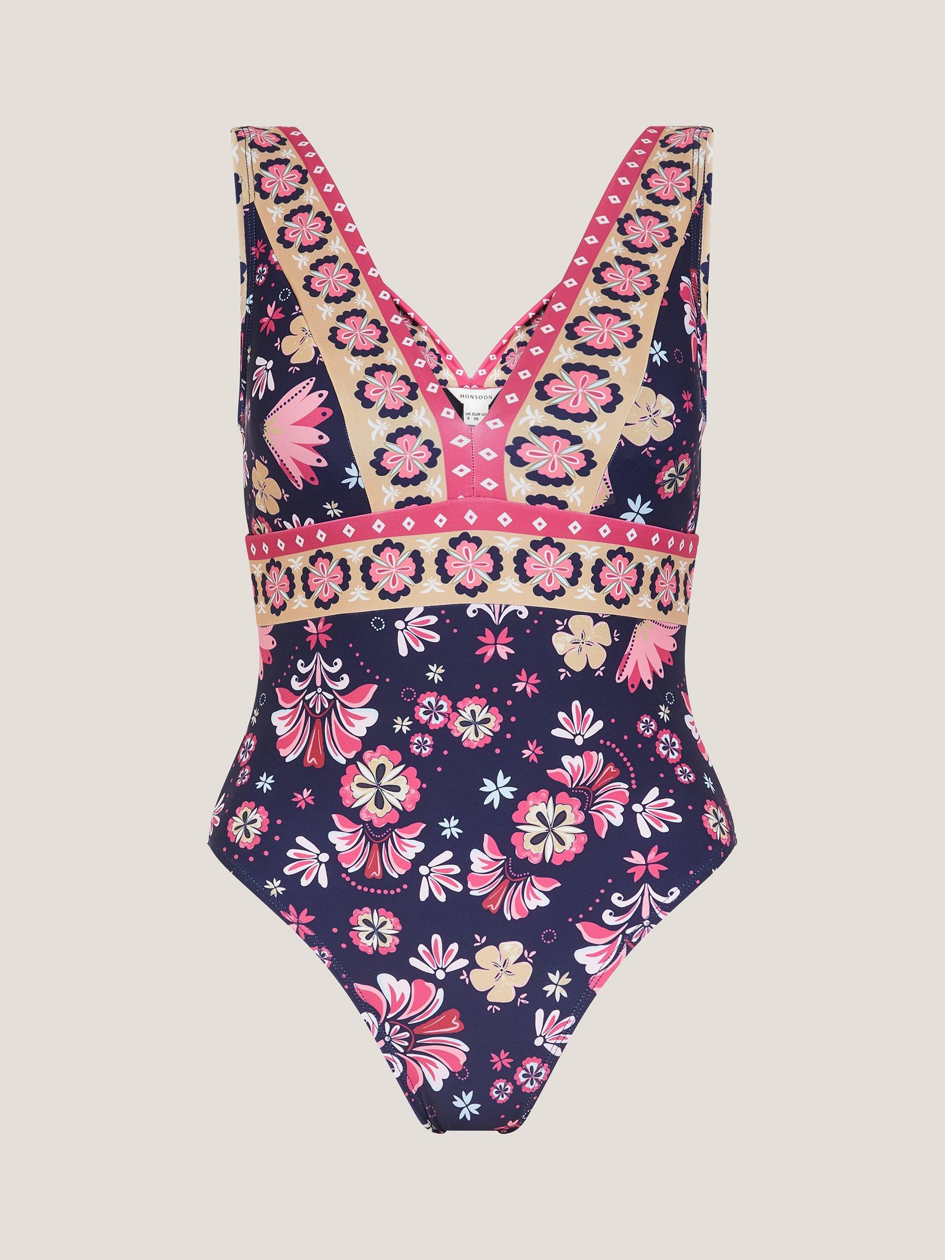 Product image 5 of 5, which shows Monsoon Abbie Floral Swimsuit, Navy, 8