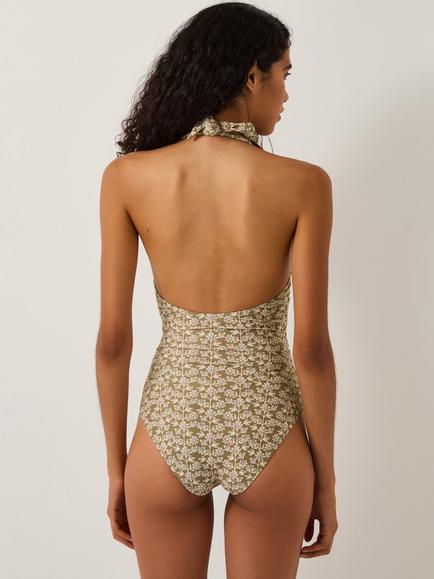 Monsoon Alba Floral Swimsuit, Khaki - view 2, Khaki