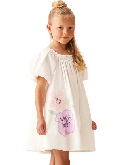 Angel & Rocket Kids' Puff Sleeve Embroidered Swing Dress, White, White