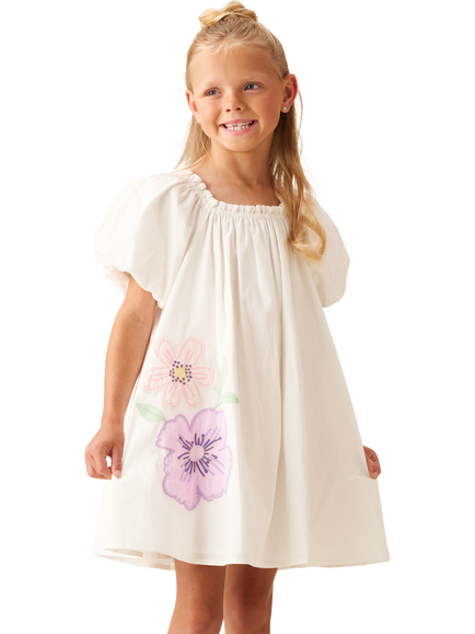 Angel & Rocket Kids' Puff Sleeve Embroidered Swing Dress, White - view 2, White