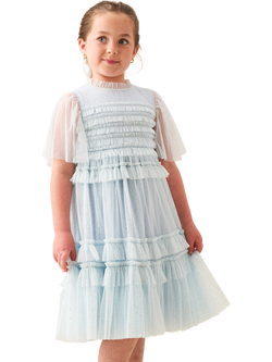 Angel & Rocket Kids' Short Sleeve Mesh Ruffle Dress, Blue, Blue