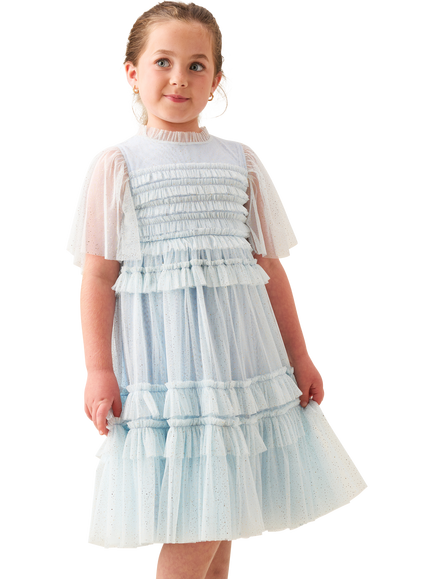 Angel & Rocket Kids' Short Sleeve Mesh Ruffle Dress, Blue, Blue