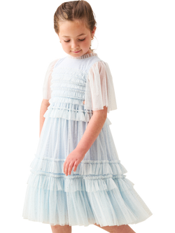Angel & Rocket Kids' Short Sleeve Mesh Ruffle Dress, Blue - view 2, Blue