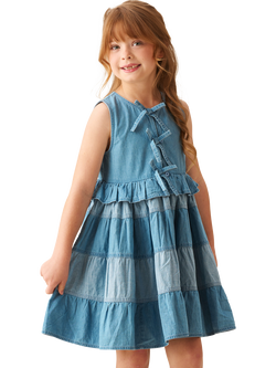 Angel & Rocket Kids' Tie Front Tiered Denim Dress, Blue, Blue