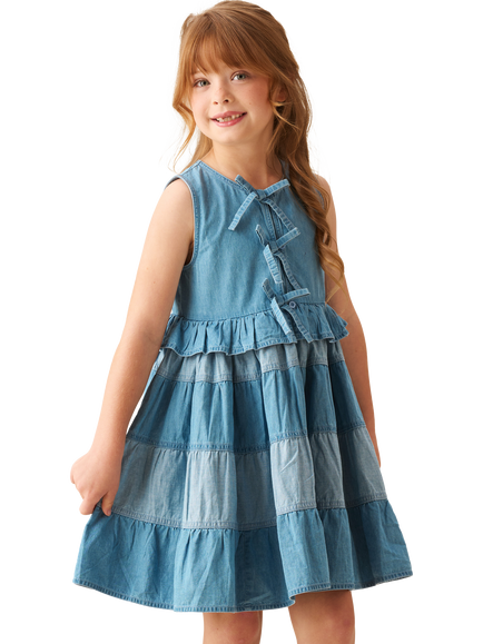 Angel & Rocket Kids' Tie Front Tiered Denim Dress, Blue, Blue