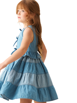 Angel & Rocket Kids' Tie Front Tiered Denim Dress, Blue - view 2, Blue
