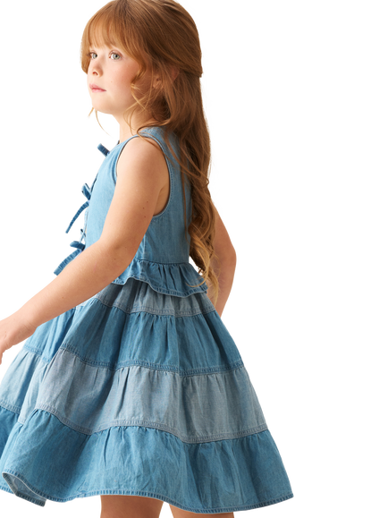 Angel & Rocket Kids' Tie Front Tiered Denim Dress, Blue - view 2, Blue