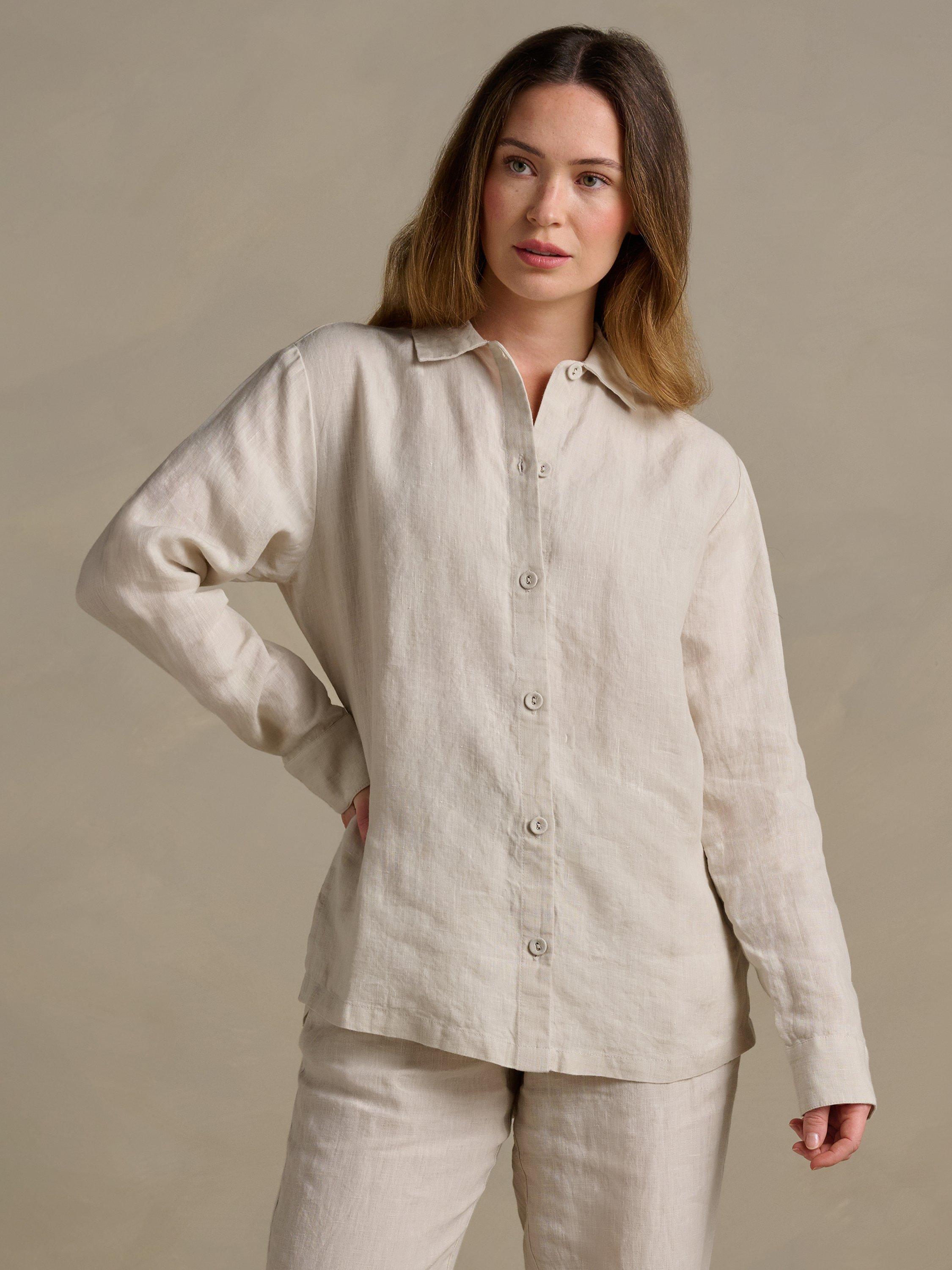 Product image 1 of 6, which shows Bedfolk Relaxed Pure Linen Shirt, Clay, XS