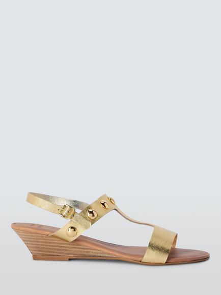 John Lewis Kianas Leather T-Bar Mid Wedge Dressy Sandals, Gold, Gold