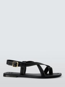 John Lewis Larnce Leather Contrast Stitch Toe Loop Flat Strappy Sandals, Black, Black