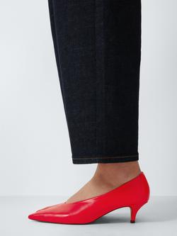John Lewis Acorn Leather Unlined Kitten Heel Court Shoes, Poppy Red - view 2, Poppy Red